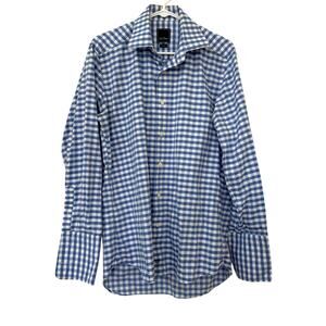 David Donahue Blue White Plaid Check Cotton Dress Shirt French Cuff Men 16 1/2